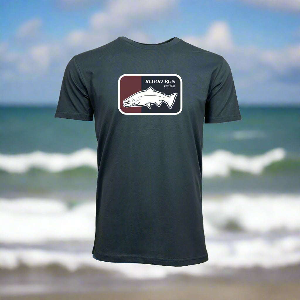 Men's Petrol Blue Major League Baseball Fishing T Shirt with Blood Run Fishing Logo on chest.