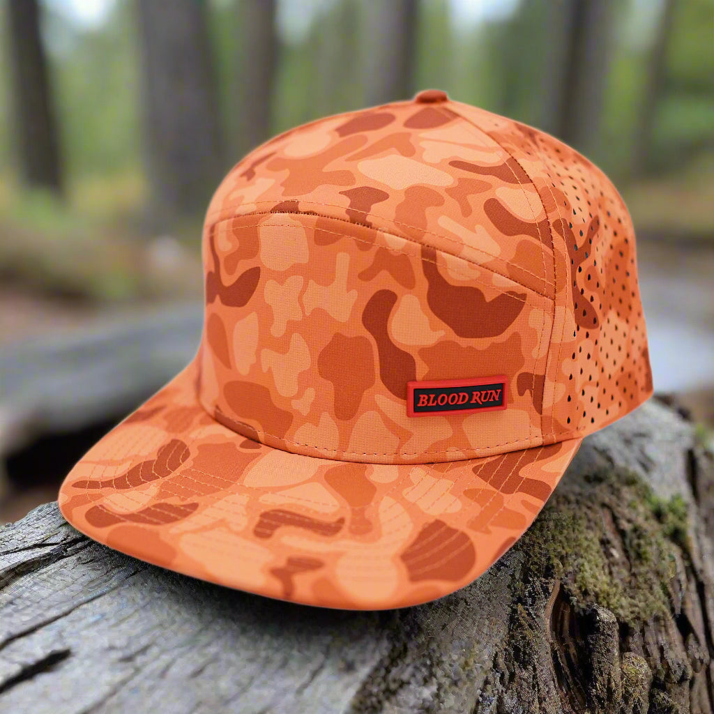 Orange camouflage cap with 'BLOOD RUN' logo on a white background
