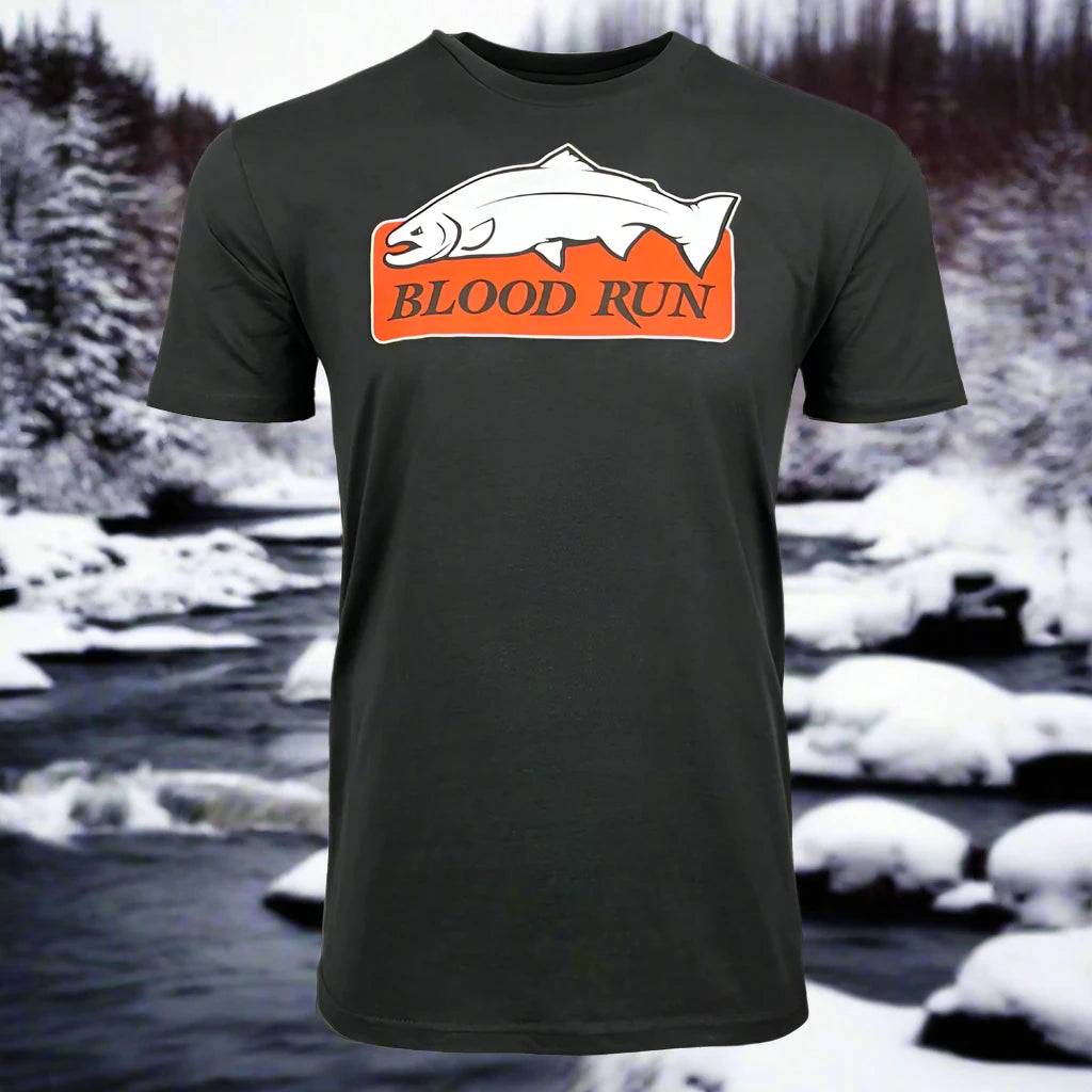 Mens Coal Black Pima Cotton Fishing T Shirt Blood Run Orange Logo on Chest
