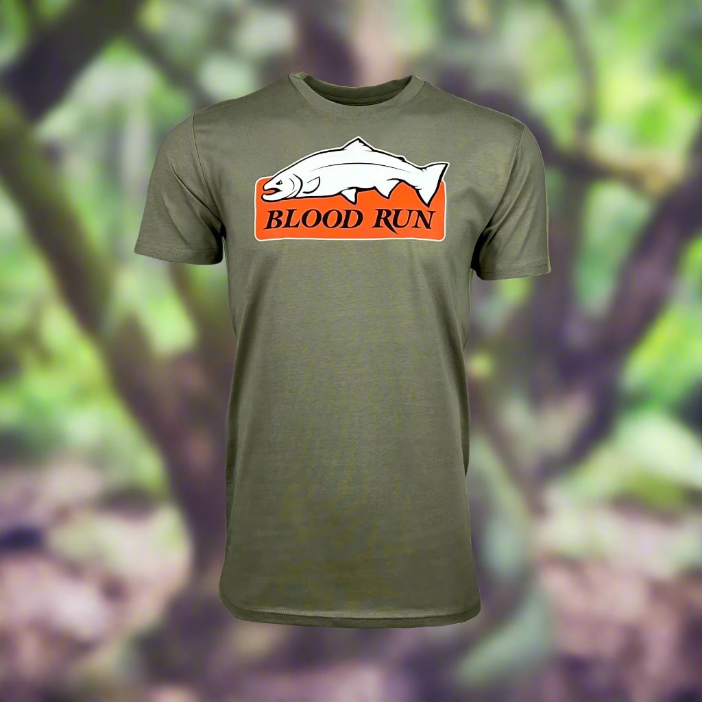 Mens Light Olive Green Pima Cotton T Shirt with Orange Blood Run Fishing Logo on Chest