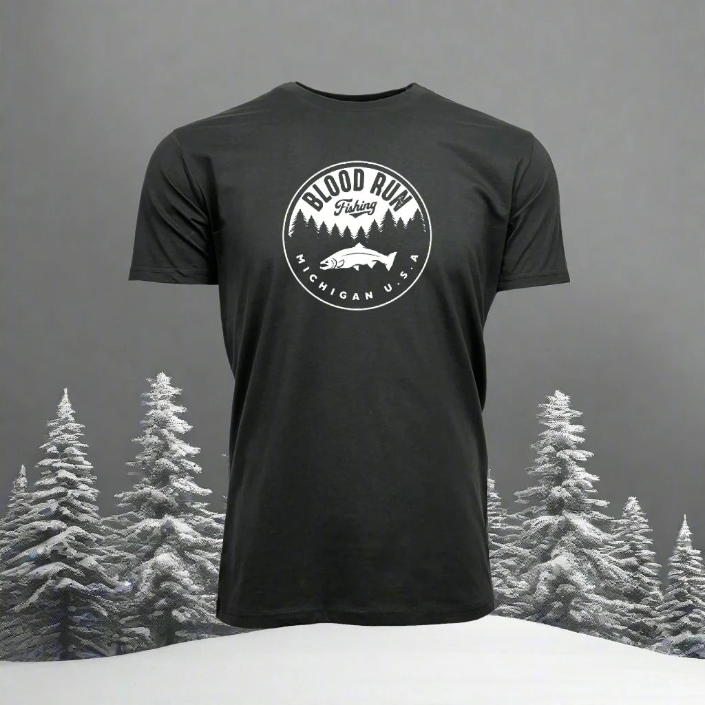 Mens Coal Black Pima Cotton T Shirt Retro White Blood Run Fishing Logo on Chest