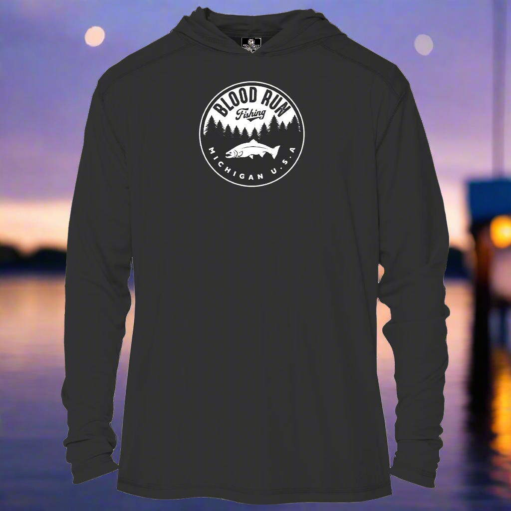 Men's Carbon Black UPF50+Fishing Hoodie with Blood Run Fishing logo on chest