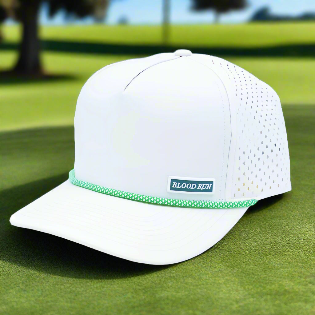 Men's Masters Golf Green Banded White hat with Blood Run Fishing Logo on lower right crown