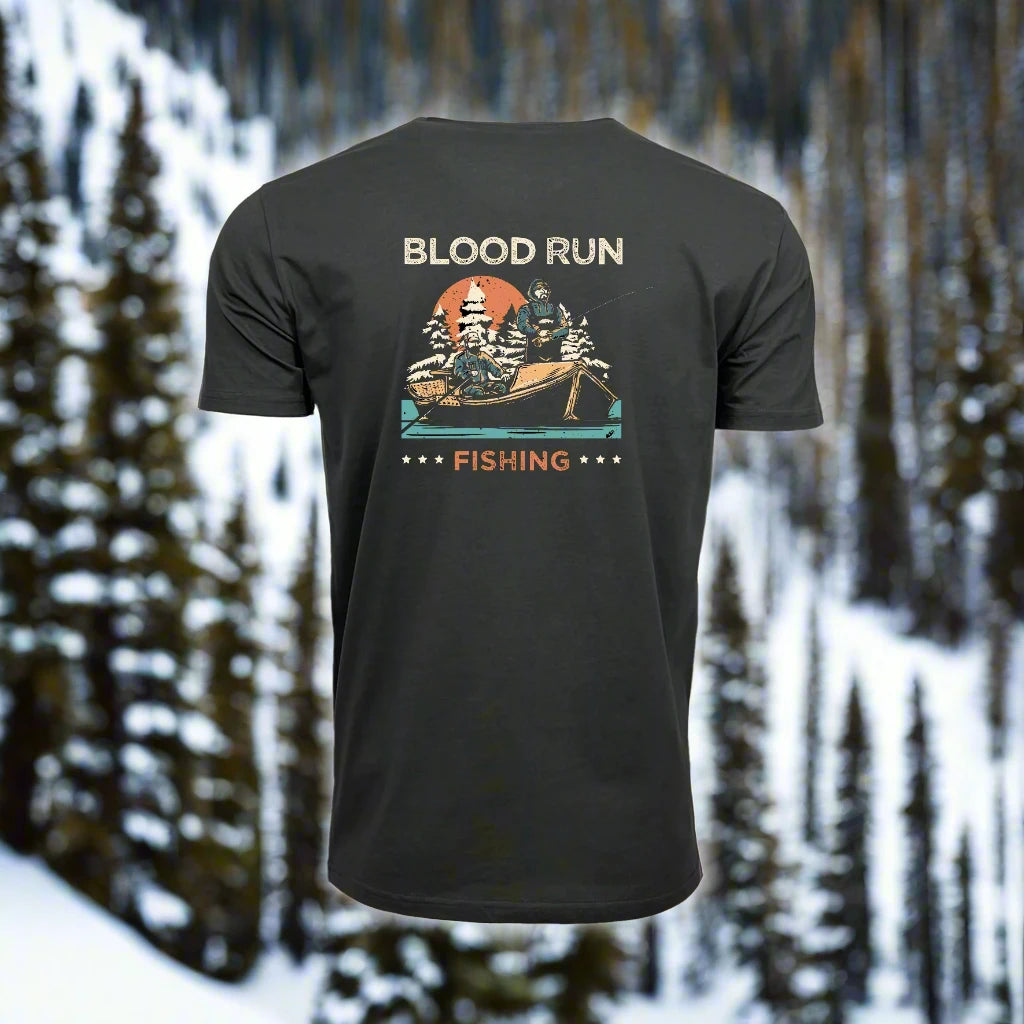 Men's Coal Black Pima Cotton T Shirt Blood Run Drift Boat Logo on Back