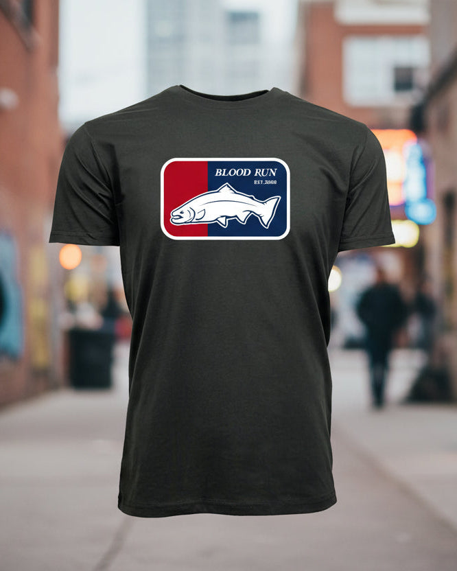 Black t-shirt with a fish logo and 'Blood Run' text on a white background