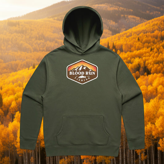 Green hoodie with 'Blood Run' logo on a white background