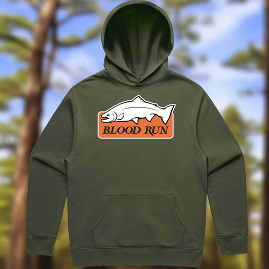 Green hoodie with 'Blood Run' logo on a white background
