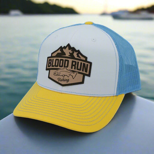 Trucker hat with 'Blood Run Fishing' logo on a white background
