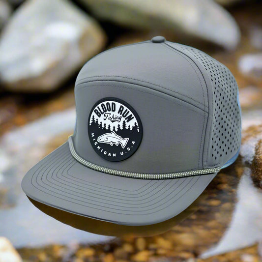 Gray cap with a circular logo featuring text and a fish illustration on a white background