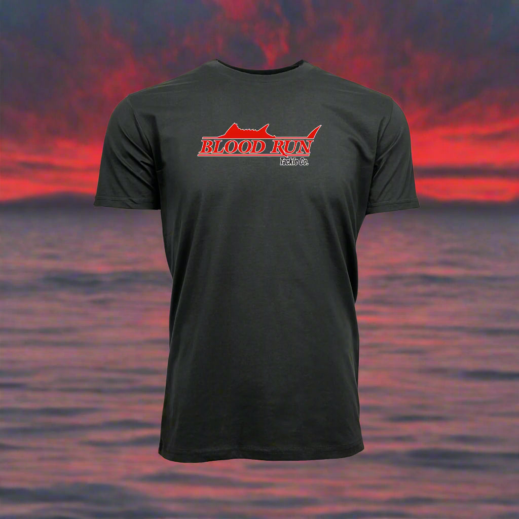 Men's Coal Black Pima Cotton Fishing T Shirt with Red Blood Run Tackle Logo