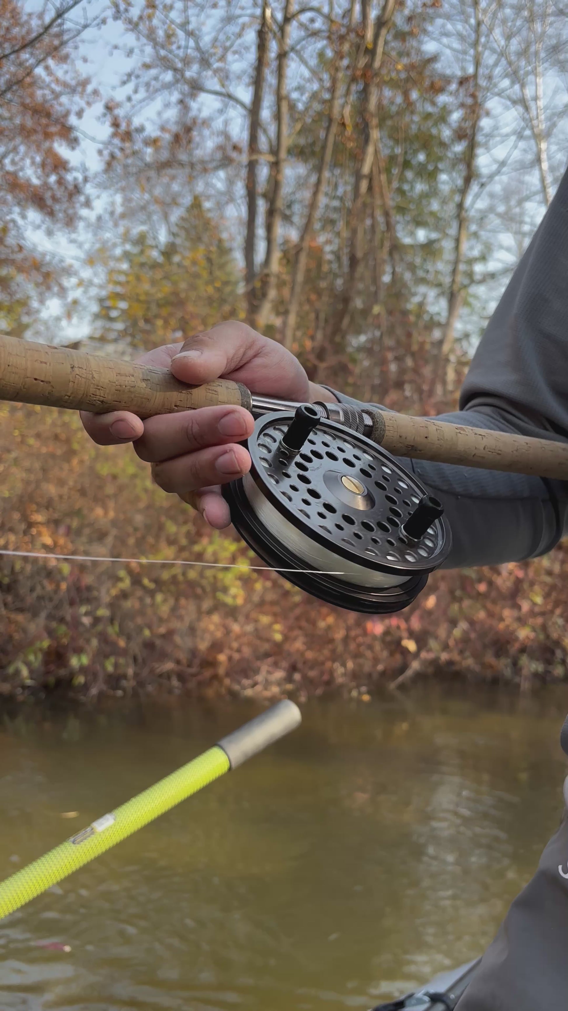 Fall steelhead fishing in a small river in Minnesota on a stealthcraft hooligan xl raft with a Blood Run Skein Cane 13' 6-10lb 2 piece centerpin float fishing rod, Halcyon 4.5" centerpin reel, 12lb test clear Blood Run SSF cold weather float fishing monofilament mainline.